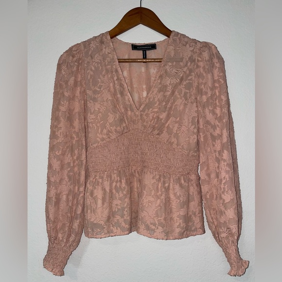 BCBGMAXAZRIA Womens V-neck Woven Floral Peasant Long Sleeve lined blouse Top EUC - Picture 3 of 16